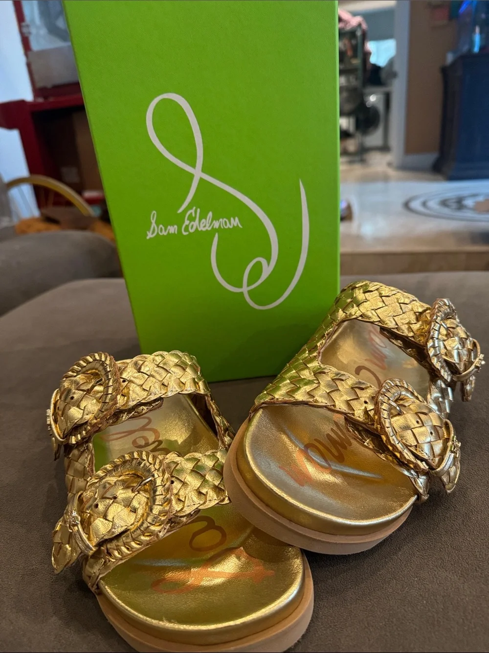 Sam Edelman Women's Woven Double-Buckle Slide Sandals in Metallic Gold